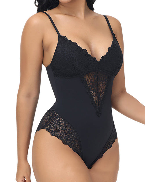 Body de encaje transparente para mujer, sin mangas, con tirantes finos tipo spaghetti, una pieza moldeadora