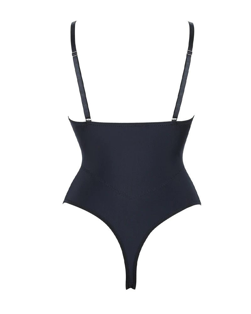 Body de mujer con corset de malla transparente, control de abdomen, tanga y espalda descubierta
