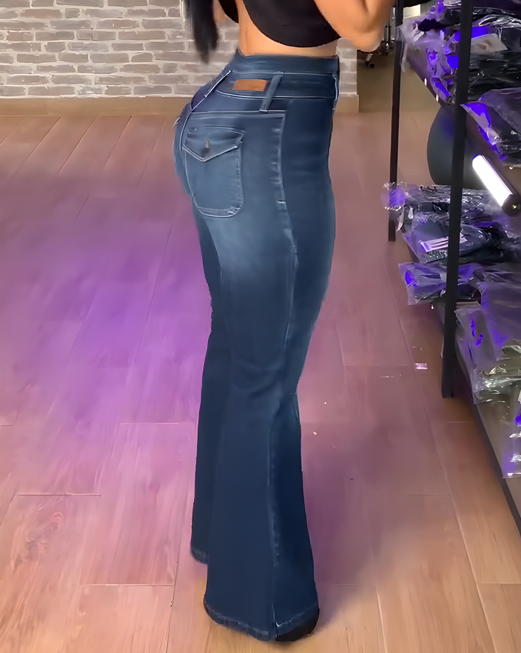 Shapshe® Denim Acampanado Lavado de Cintura Alta Trendy con Costuras Tonales