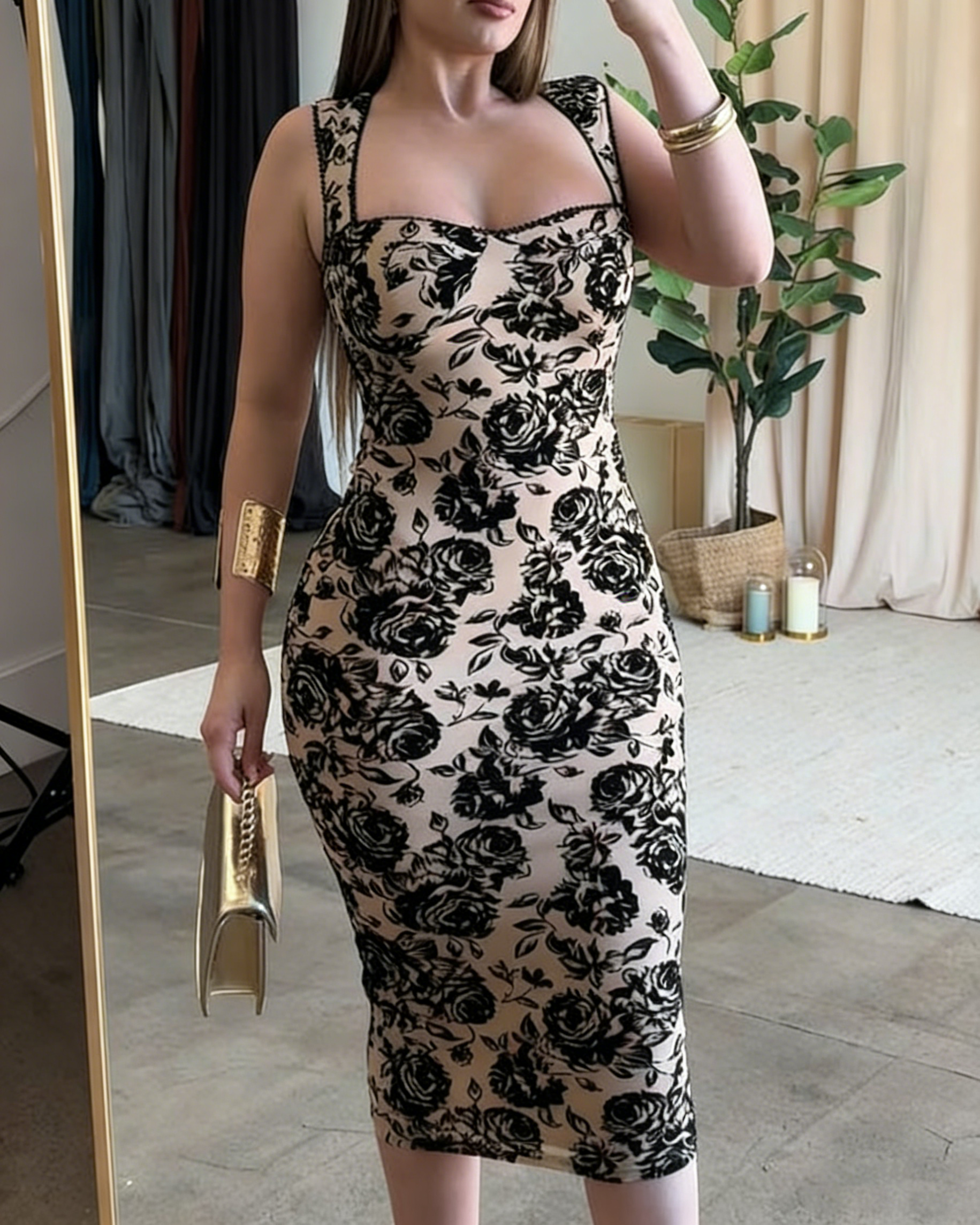 Vestido Midi Ajustado de Encaje Floral Sexy en Negro y Taupe Claro