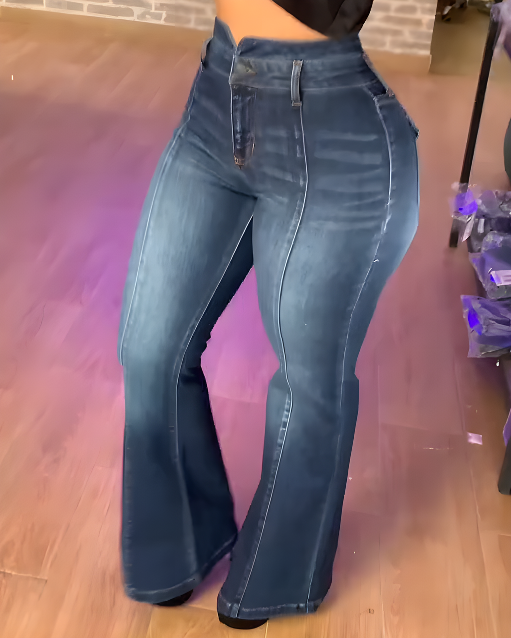 Shapshe® Denim Acampanado Lavado de Cintura Alta Trendy con Costuras Tonales