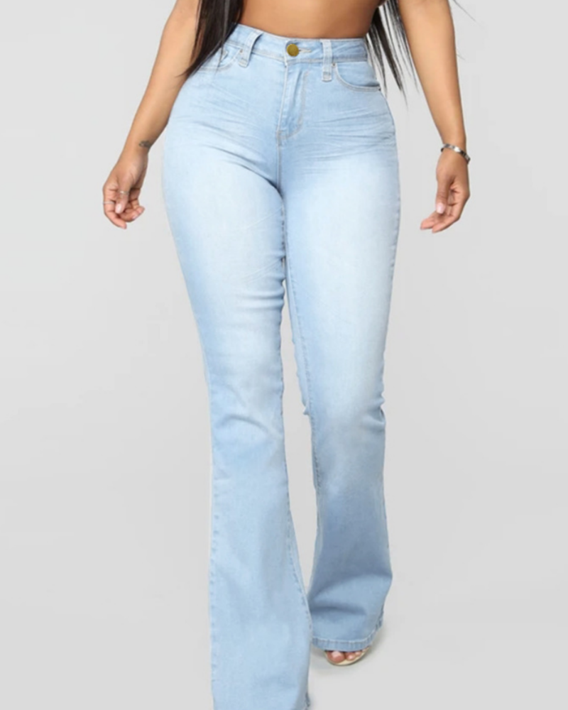 Jeans de Moda de Cintura Alta, Levanta Caderas, Ajustados y Acampanados Lavados