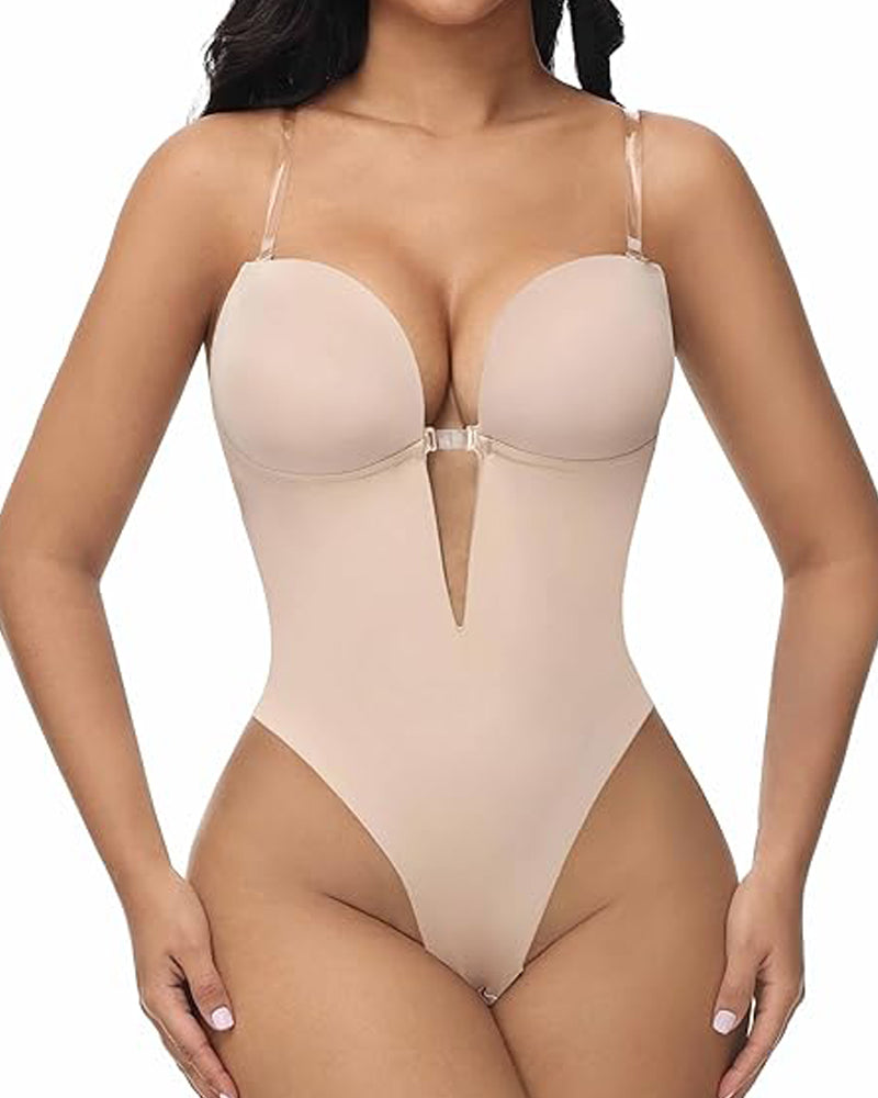 Body de escote profundo sin espalda, sin costuras, con sostén incorporado y tanga moldeadora