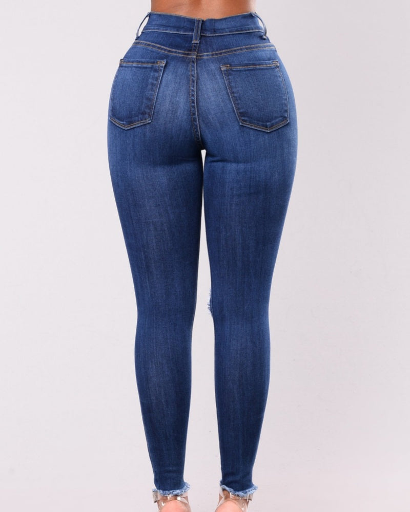 Jeans Ajustados de Cintura Alta, Elásticos, Suaves, de Corte Slim, Estilo Retro Desgastado
