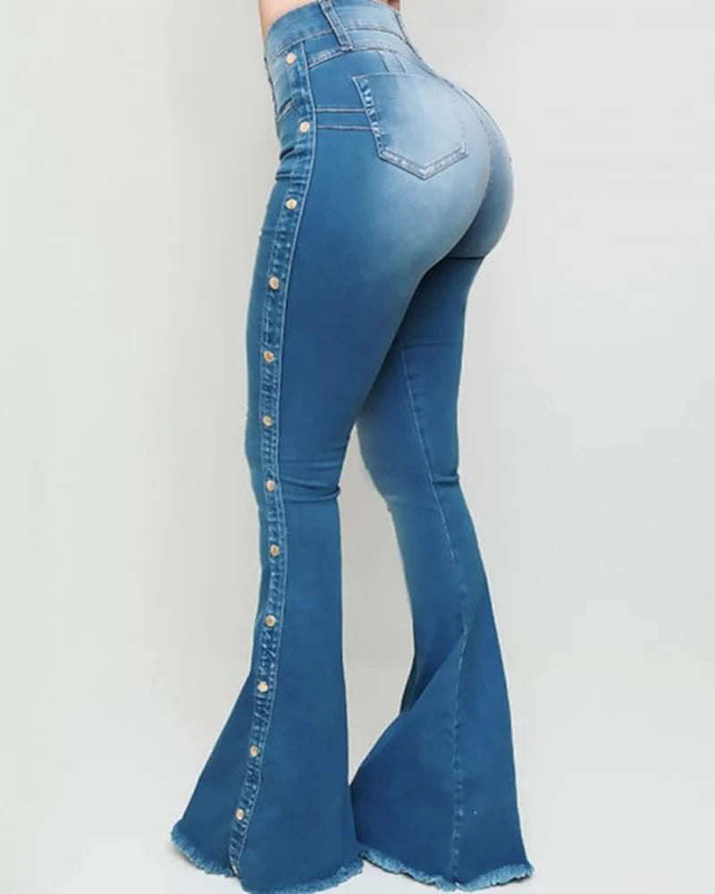 Jeans acampanados vintage para mujer con cierre de cremallera y botones laterales