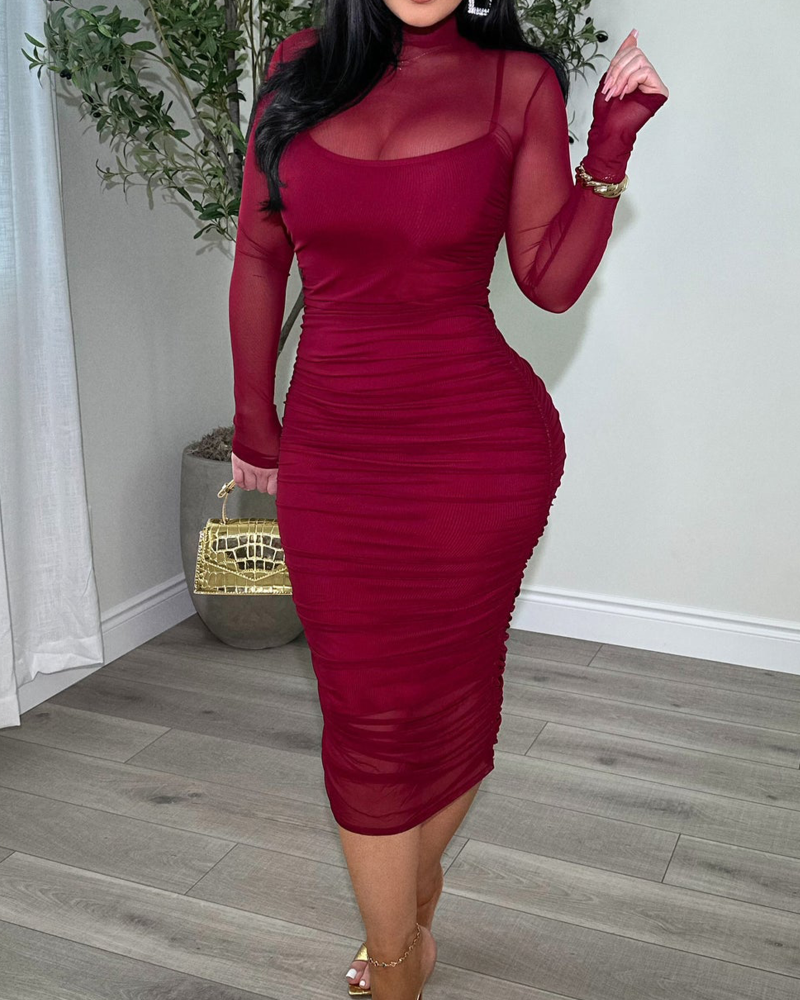 Women's Ruched Mesh Sheer Mock Neck Long Sleeve Midi Bodycon Dress