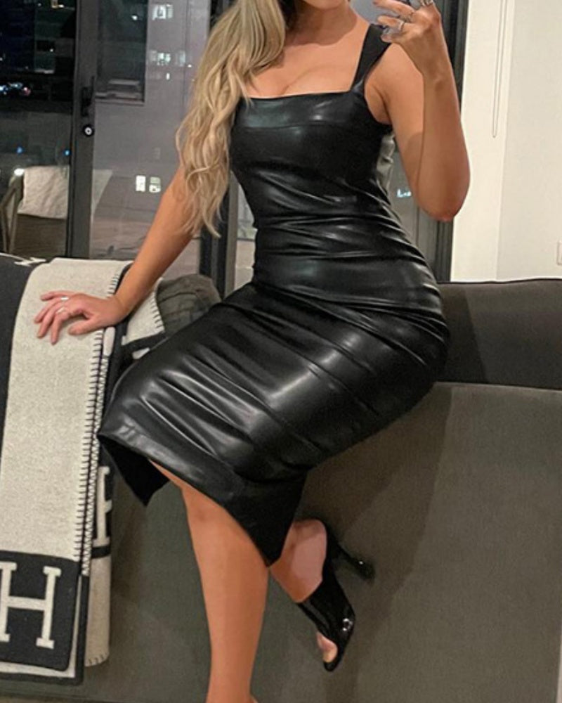 Vestido Maxi de Cuero Ajustado y Sexy con Tirantes para Mujeres Curvilíneas