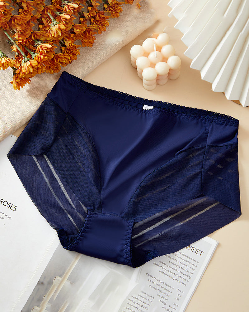 Ropa interior femenina sexy sin costuras con rayas huecas de malla, tanga de cintura media moldeadora