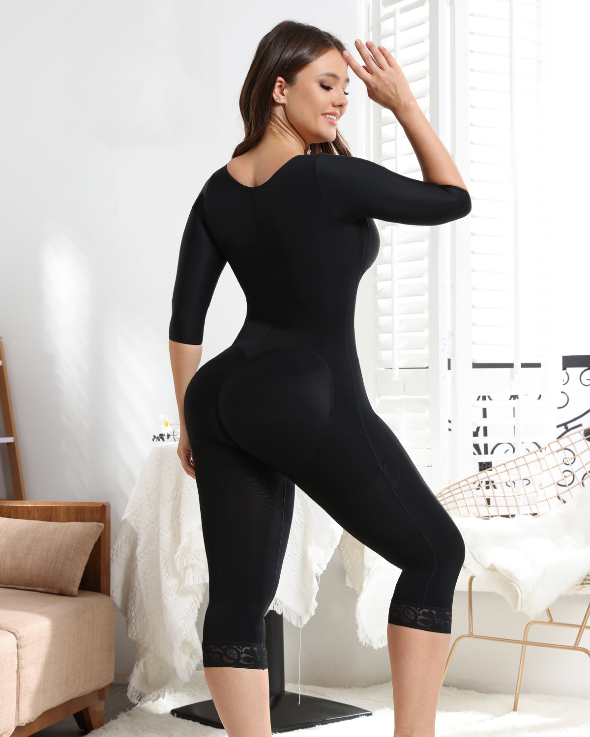 Shapshe® Enterizo Negro para Mujer de Manga Media con Control de Abdomen y Levantamiento de Glúteos Modelador