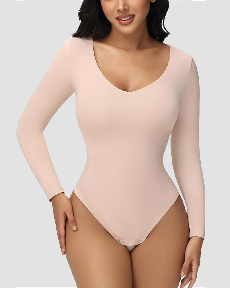Shapshe® Bodysuits Femeninos Sin Costuras de Manga Larga con Escote en V, Control de Abdomen, Tanga, Moldeadores