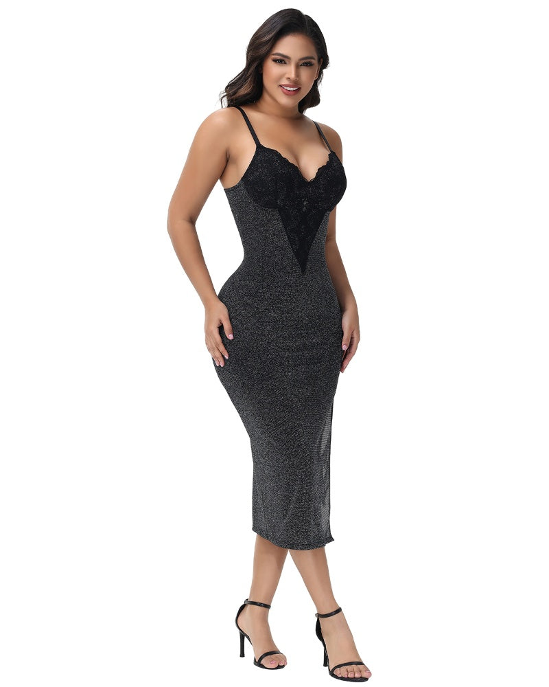 Shapshe® Sexy Lace V Neck Metallic Sparkling Bodycon Slit Cami Midi Slip Dress