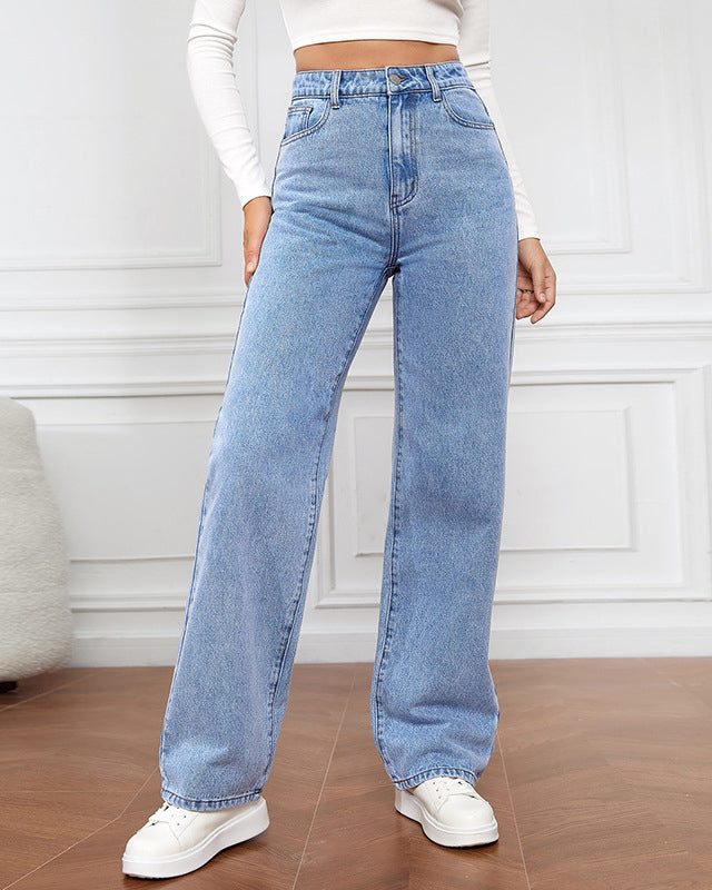 Jeans de tiro alto para mujer con cierre de cremallera y pierna recta