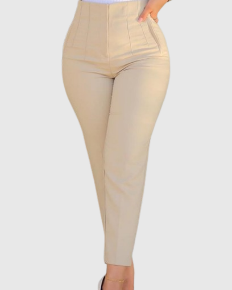 Pantalones de Mujer a Medida con Pliegues, Cintura Alta y Bolsillos Laterales, de 9 Puntos