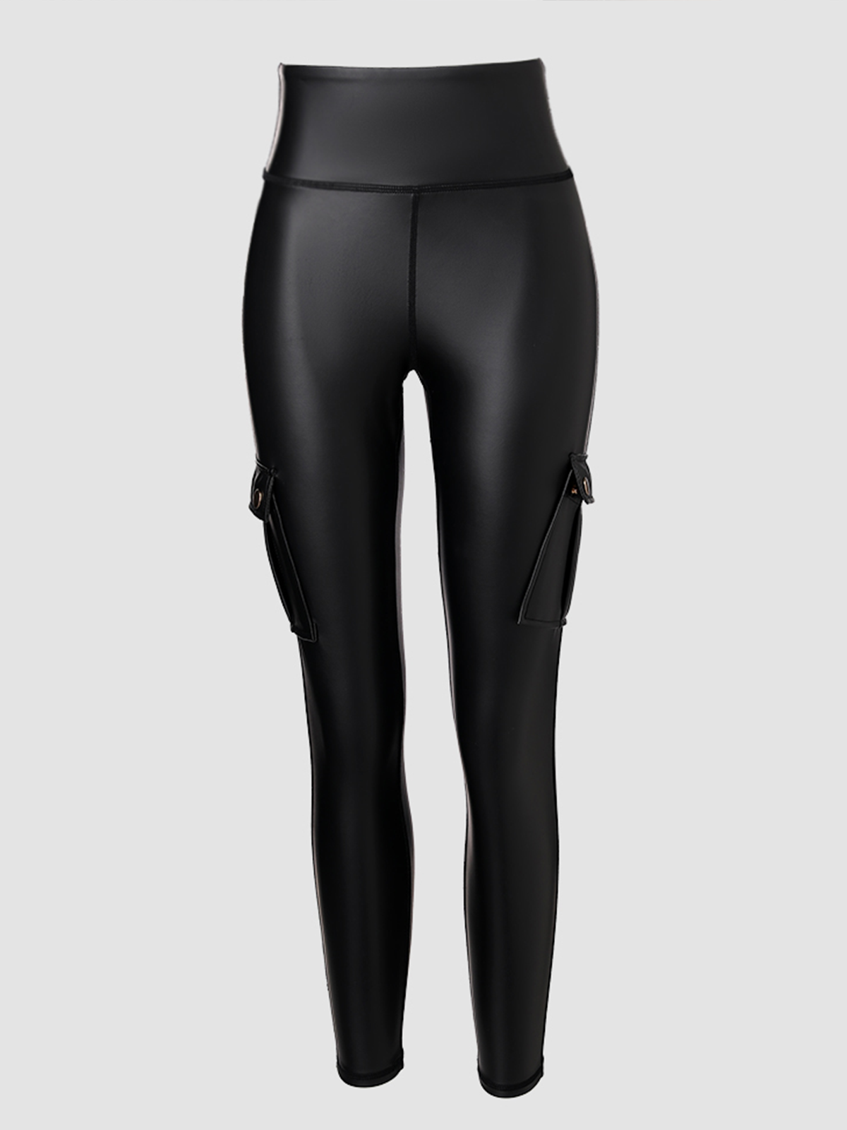Pantalones de cuero para mujer, tiro alto, con bolsillos tipo cargo, leggings de cuero elástico