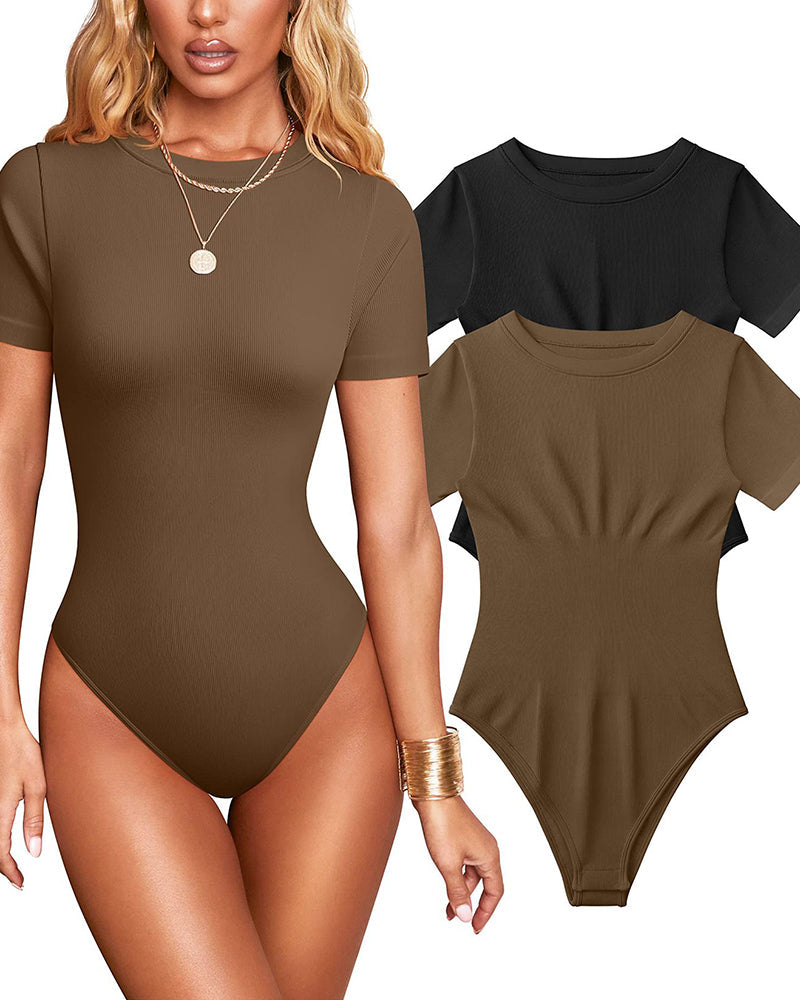Mujer Sexy Body de Tirantes Cortos con Cuello Redondo, Control de Abdomen y Diseño de Tanga de Punto Acanalado