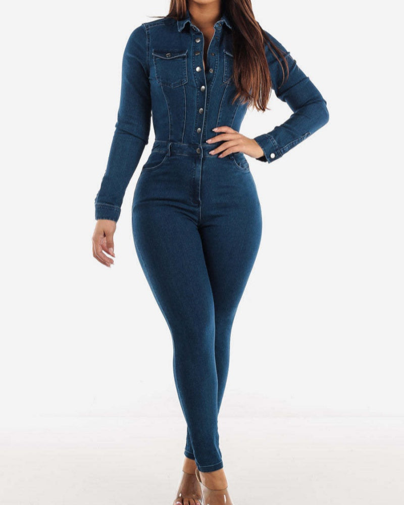 Mono tipo overol para mujer estilo jeans con levantamiento de glúteos y múltiples bolsillos