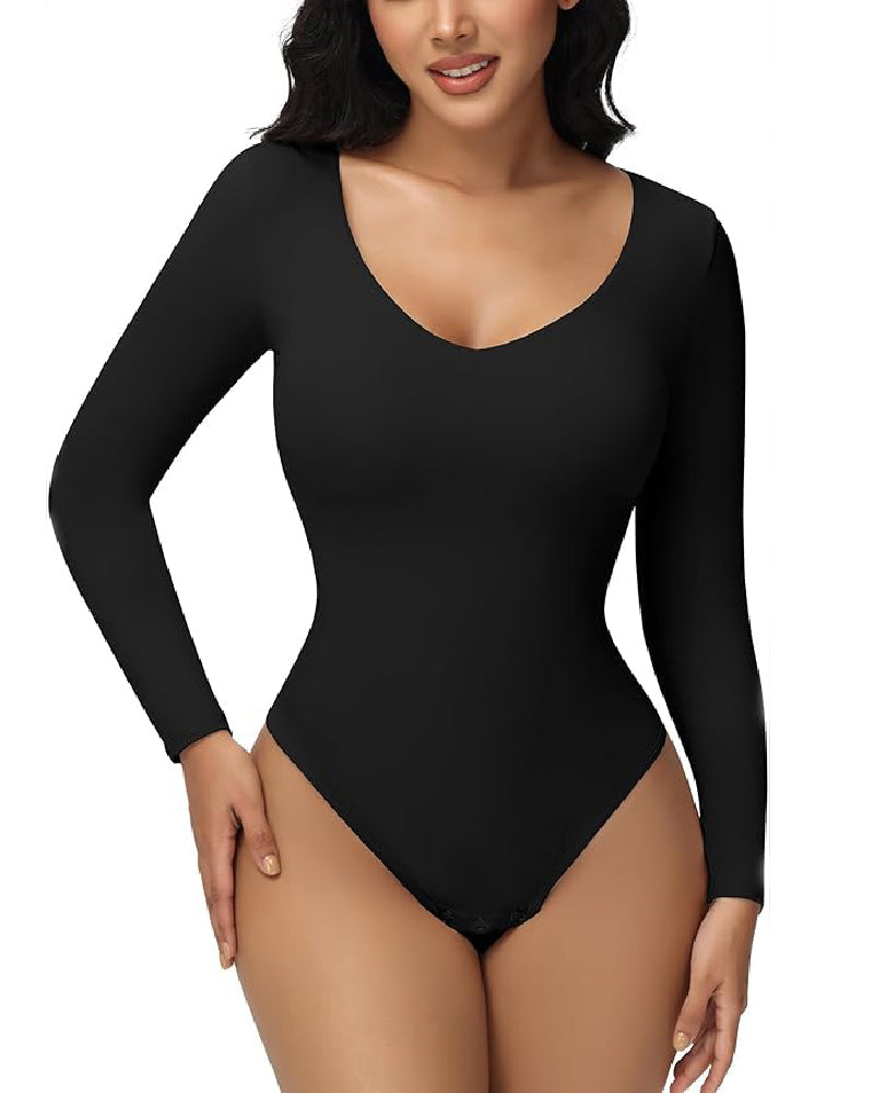 Shapshe® Bodysuits Femeninos Sin Costuras de Manga Larga con Escote en V, Control de Abdomen, Tanga, Moldeadores
