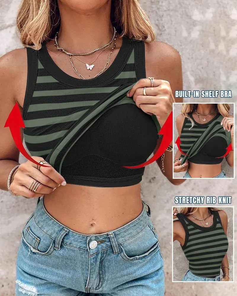 Top sin mangas acanalado con cuello redondo y sostén incorporado con relleno