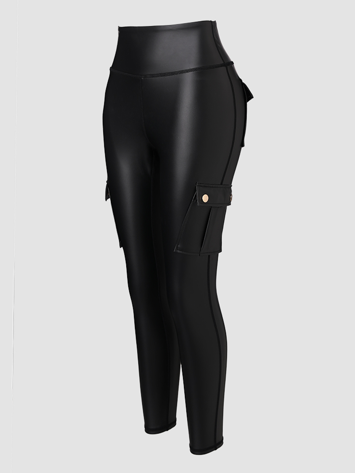 Pantalones de cuero para mujer, tiro alto, con bolsillos tipo cargo, leggings de cuero elástico