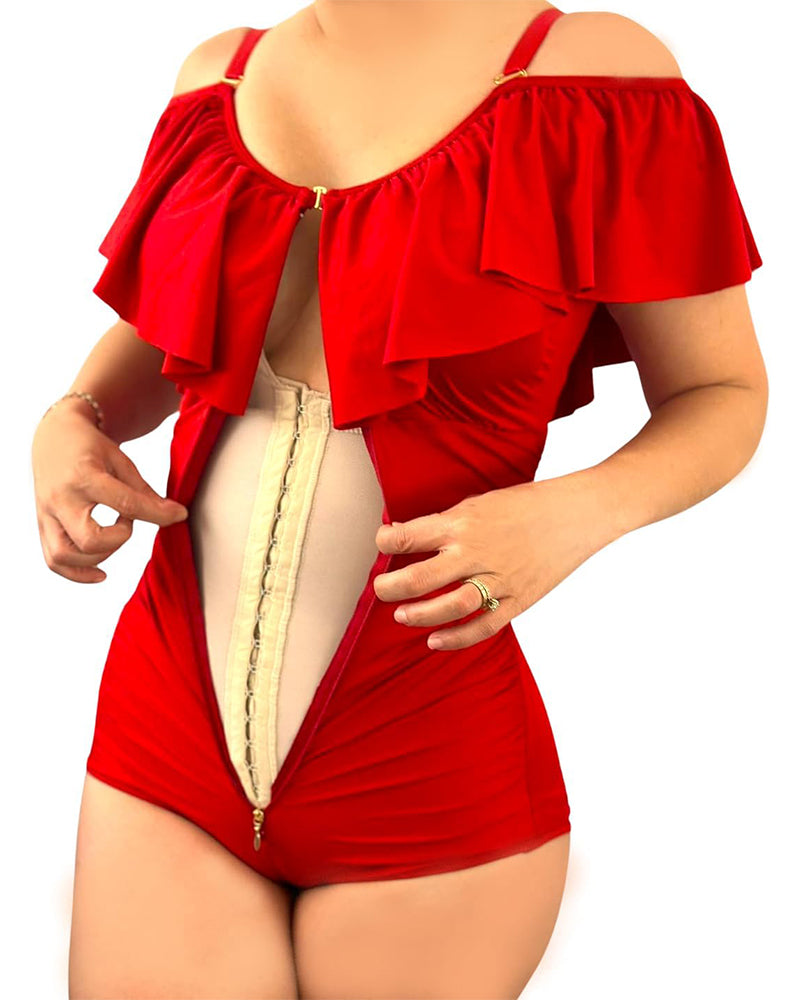 Shapshe® Fajas Colombianas Traje de baño de una pieza con volantes y control de abdomen tipo triángulo