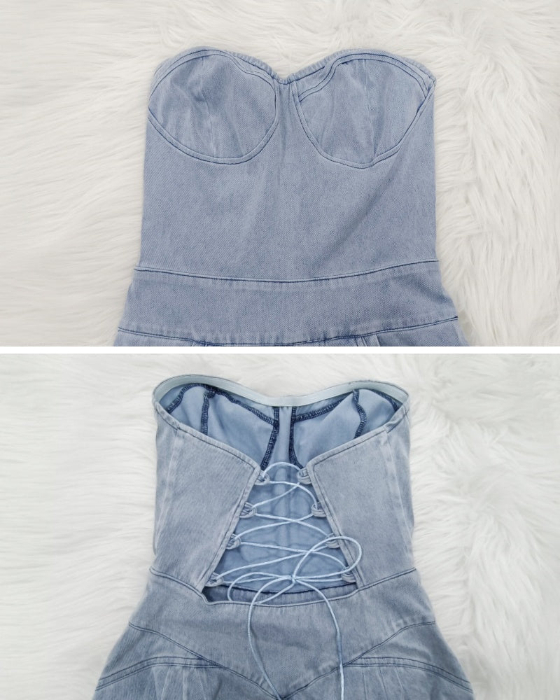 Shapshe® Enterizo de Mezclilla Ajustado para Mujer con Lazo en la Espalda tipo Bandeau