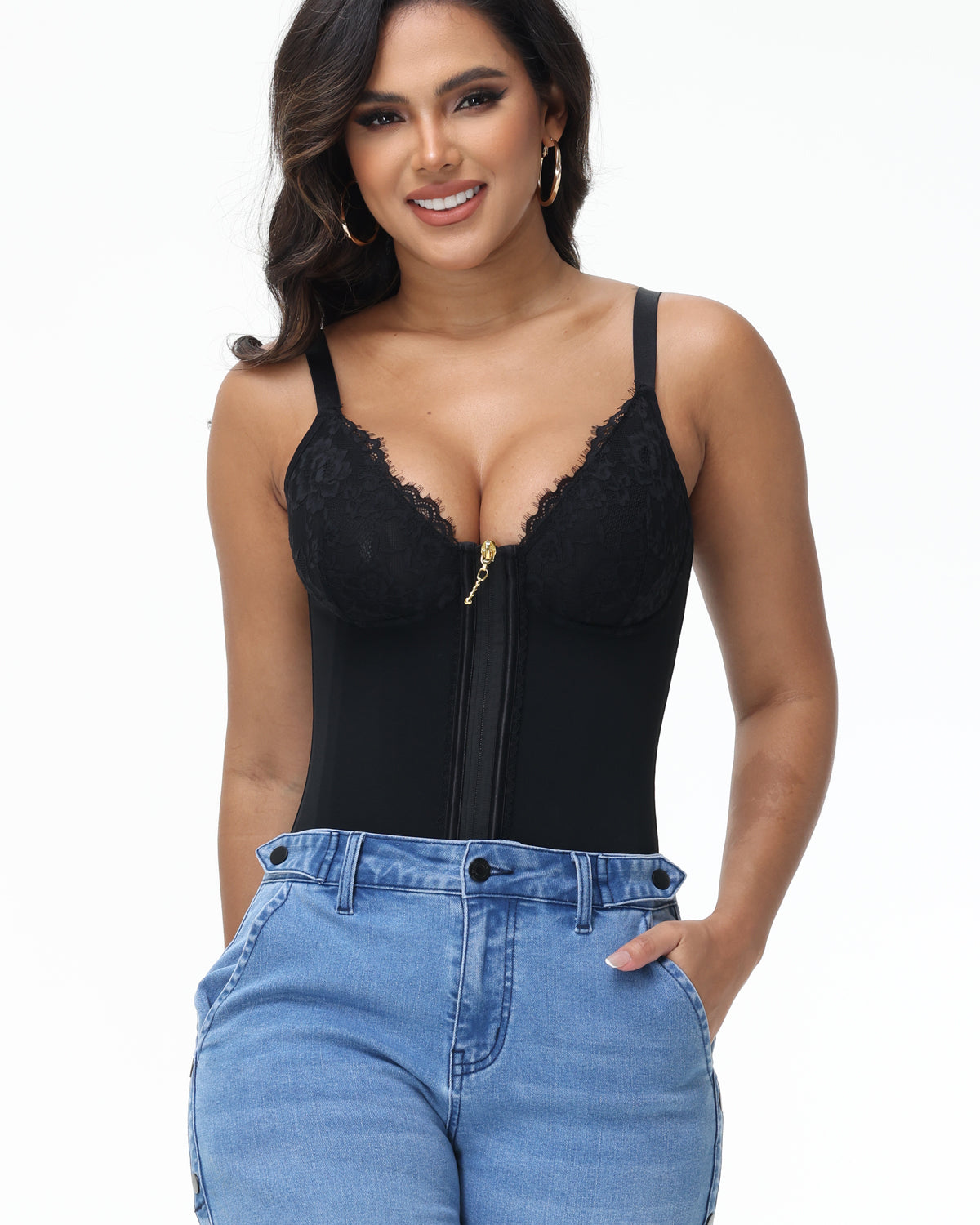 Shapshe® Top Corset de Encaje con Escote en V Profundo, Cinturilla Entrenadora con Cierre Frontal