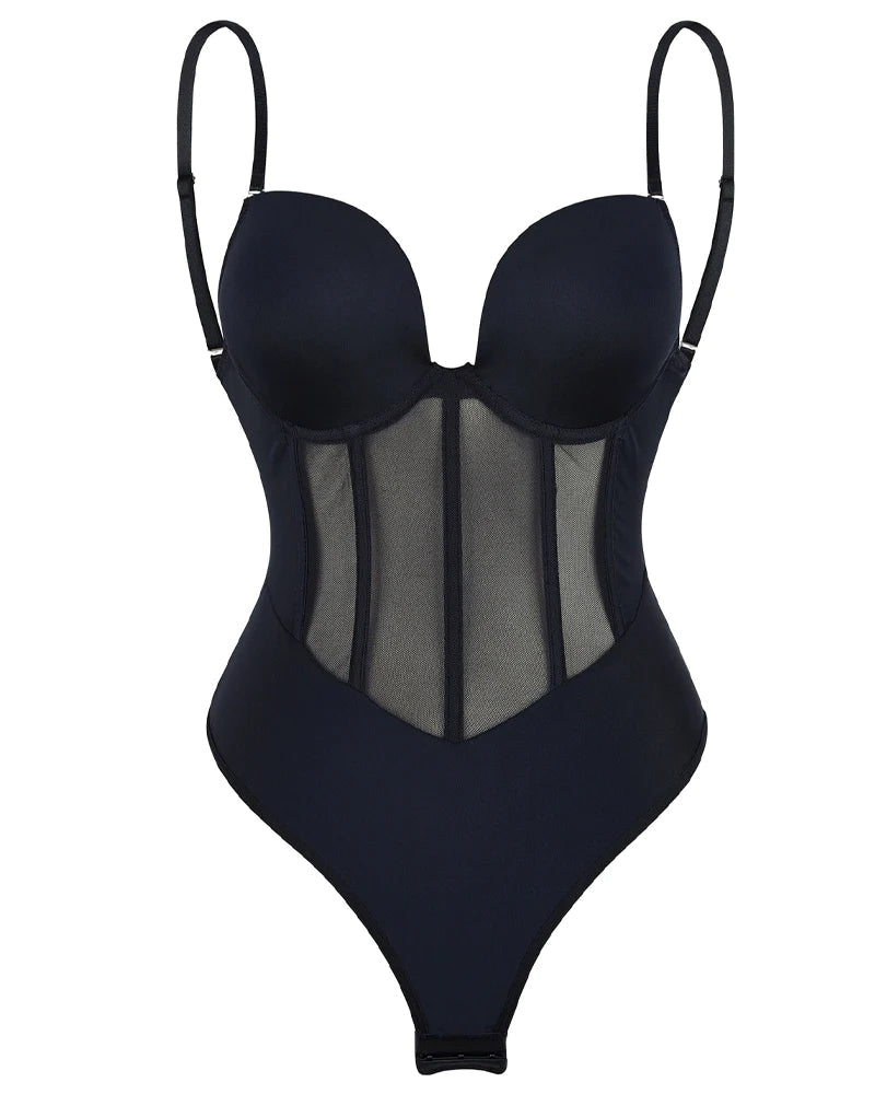 Body de mujer con corset de malla transparente, control de abdomen, tanga y espalda descubierta