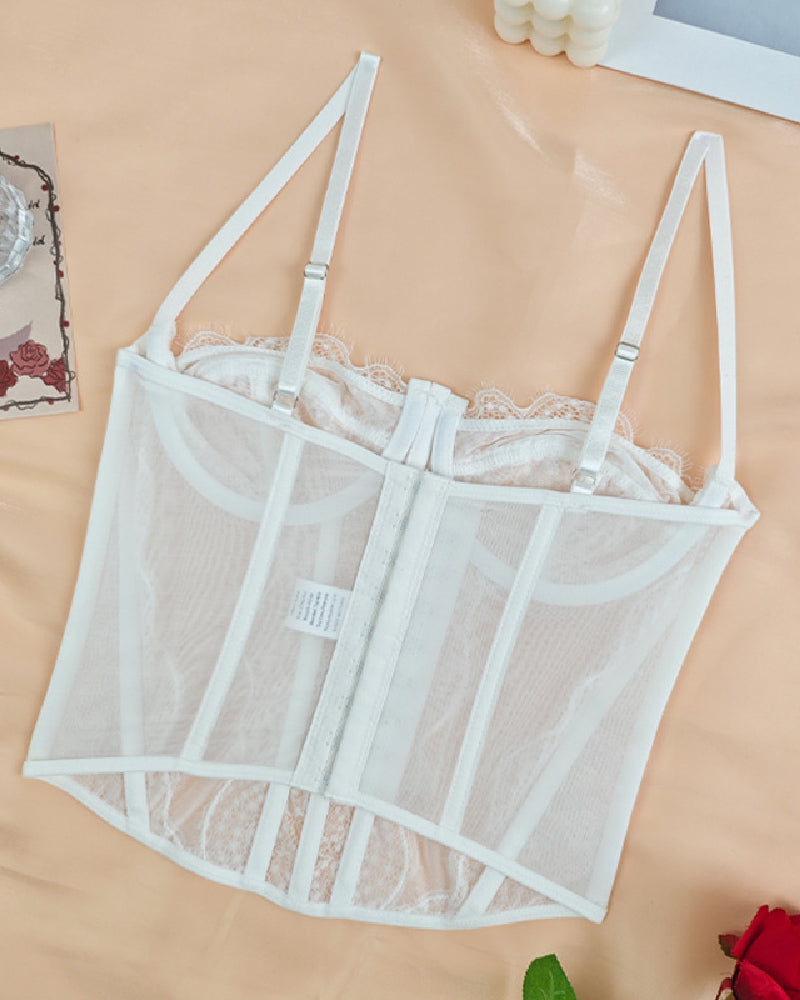 Corset de Encaje Transparente con Push Up para Mujer, Top Bustier con Ballenas y Tirantes, Top Corto Sexy