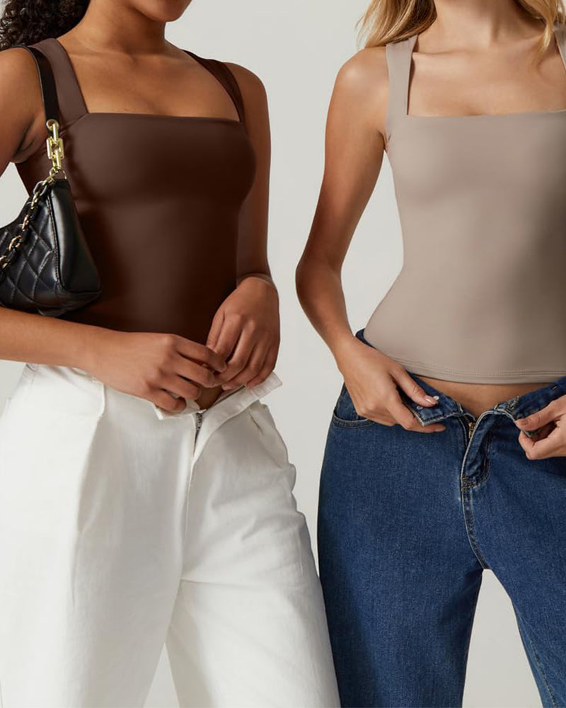 Camisetas sin mangas básicas de doble capa con escote cuadrado para mujer - Chaleco moldeador