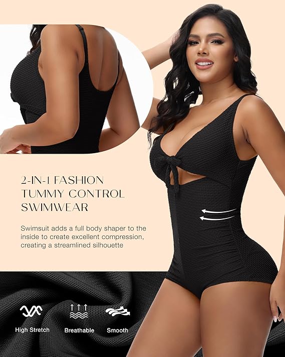 Shapshe® Traje de Baño Femenino con Control de Abdomen, Recorte, Nudo Frontal y Push Up Moldeador