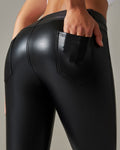 Pantalones de cuero PU de cintura alta ajustados para deportes y yoga slim