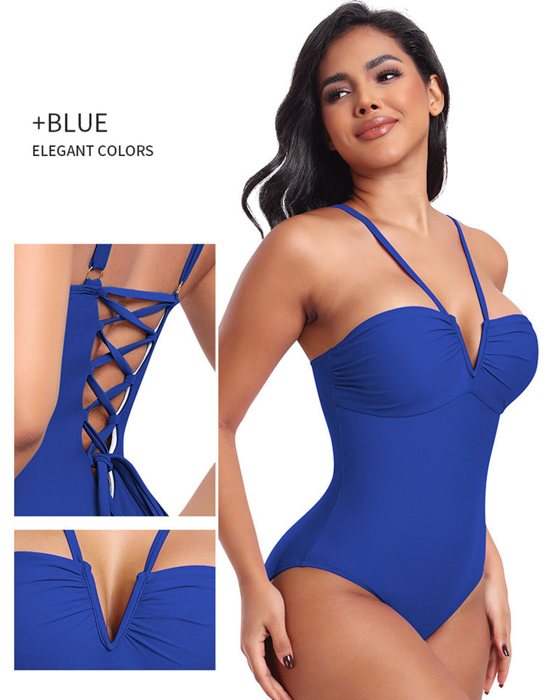 Traje de baño enterizo moldeador con tiras, escote halter en V y copa triangular sexy