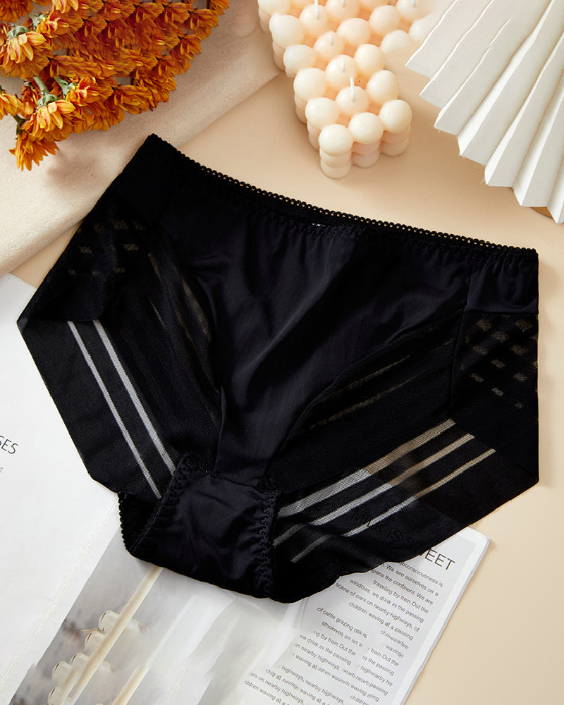 Ropa interior femenina sexy sin costuras con rayas huecas de malla, tanga de cintura media moldeadora