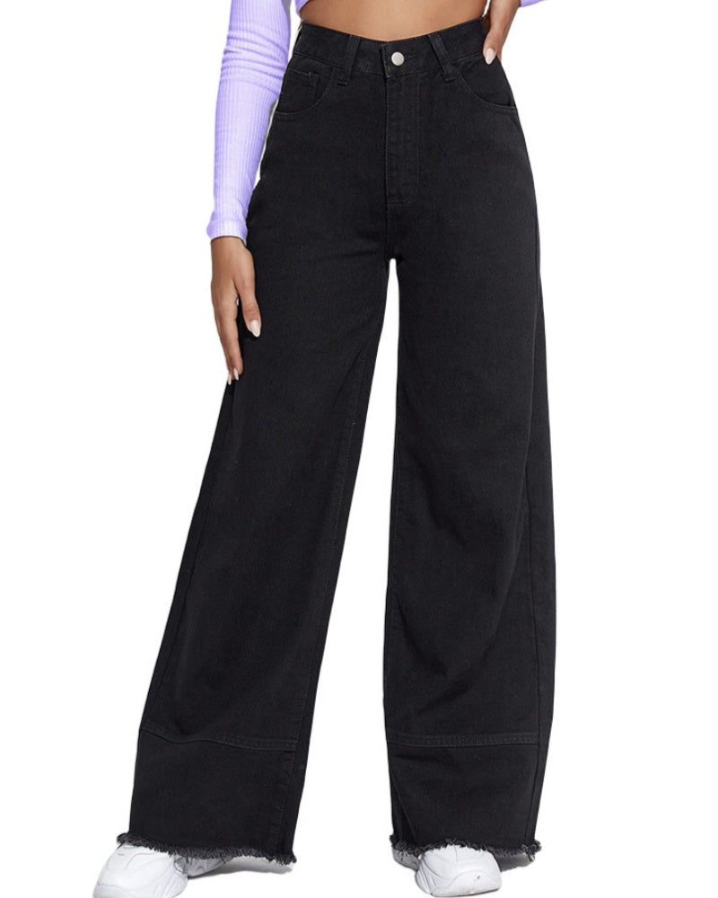Jeans de pierna ancha, cintura alta, parche, borde sin terminar, pantalones sueltos