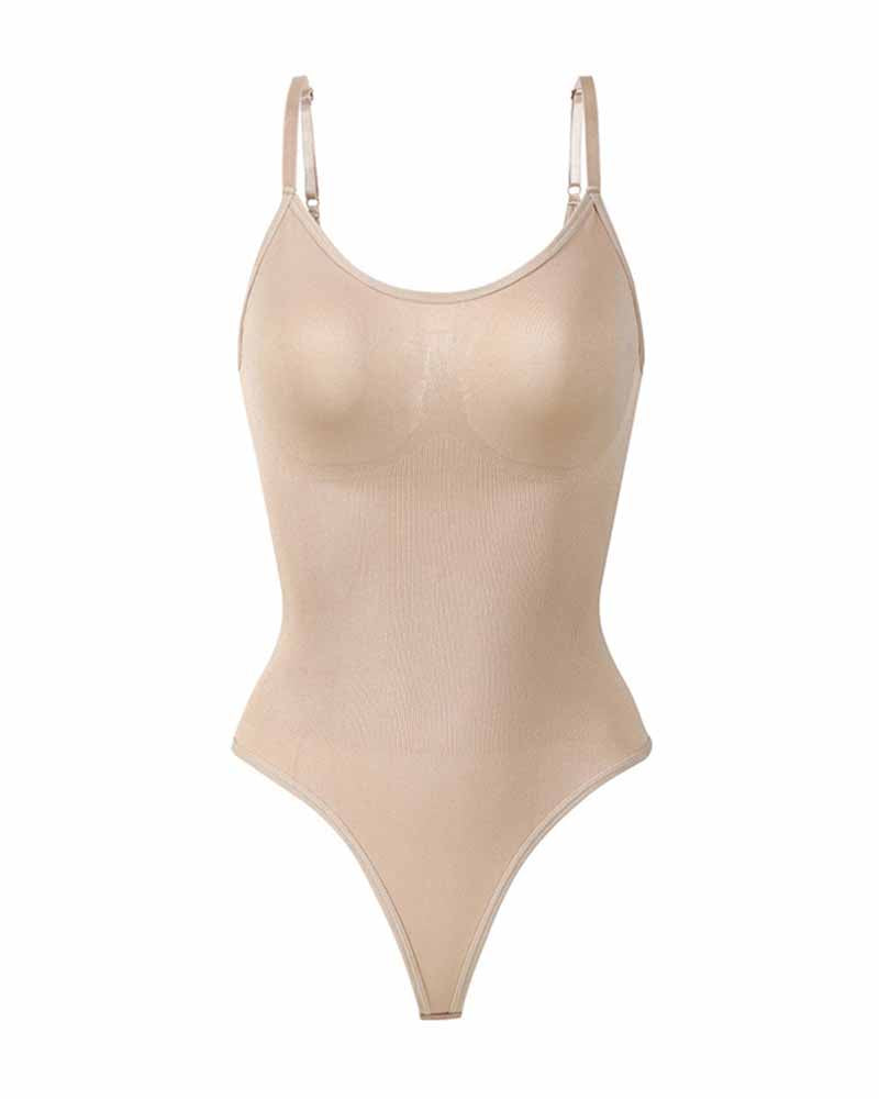 Top Body Shaper tipo Tank con Control de Abdomen, Sin Costuras, Cuello Redondo y Tanga