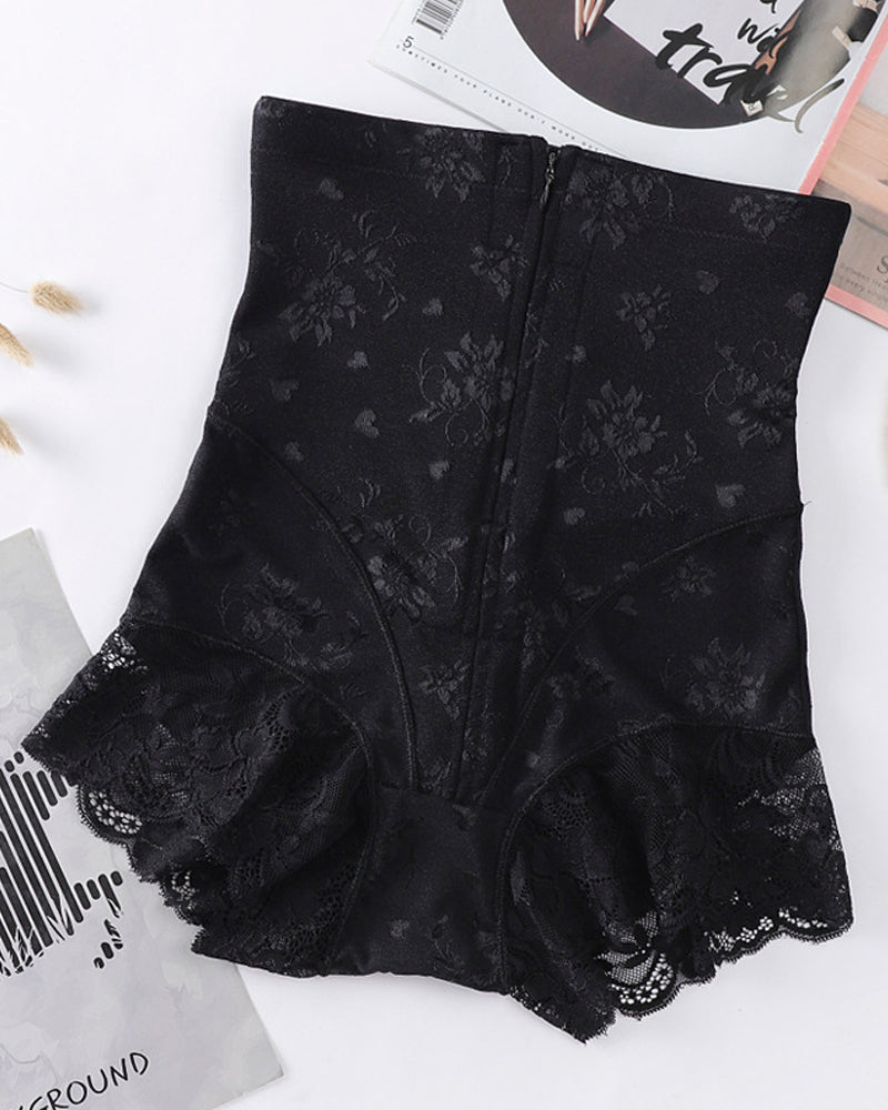 Bragas moldeadoras de cintura alta para mujer con encaje floral, cremallera y control de abdomen