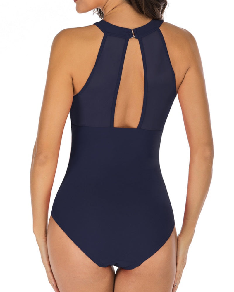 Traje de baño sexy tipo halter con malla, espalda descubierta, moldeador de cintura, de una pieza