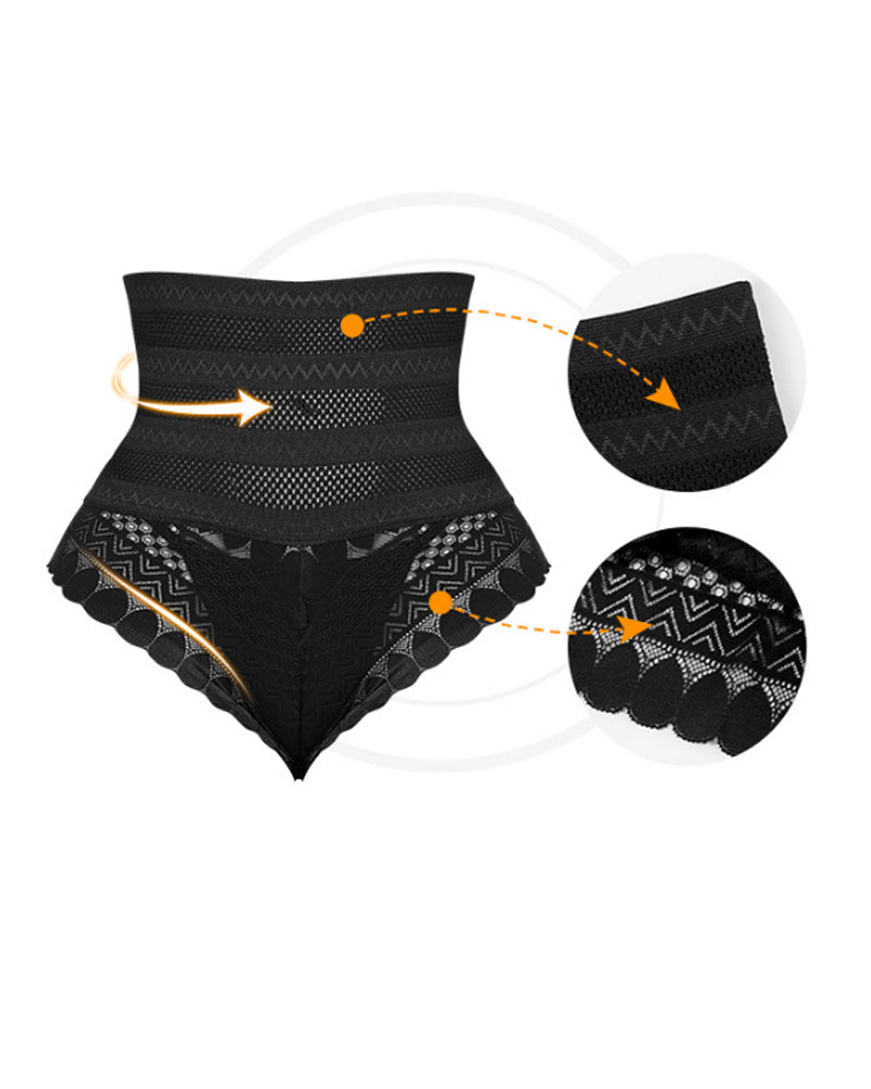 Panty Faja Moldeadora de Cintura Alta con Encaje y Diseño Hueco, Levanta Glúteos y Adelgazante tipo Tanga