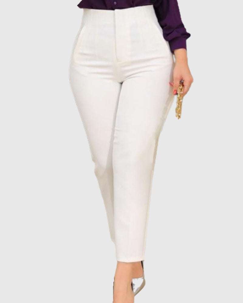 Pantalones de Mujer a Medida con Pliegues, Cintura Alta y Bolsillos Laterales, de 9 Puntos
