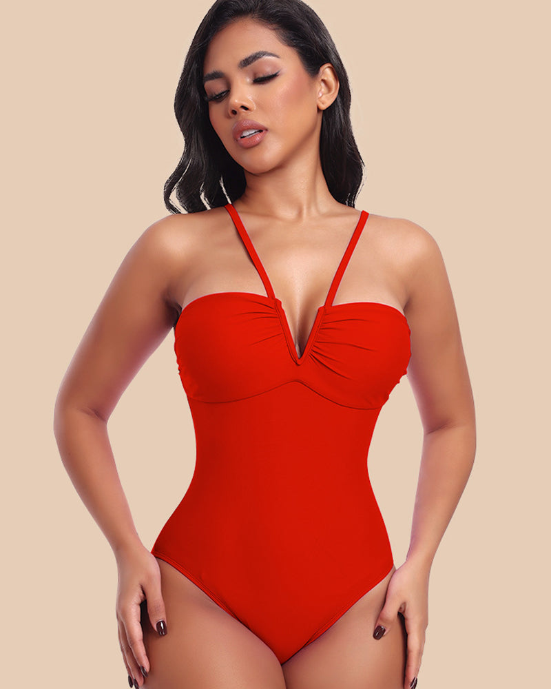 Traje de baño enterizo moldeador con tiras, escote halter en V y copa triangular sexy