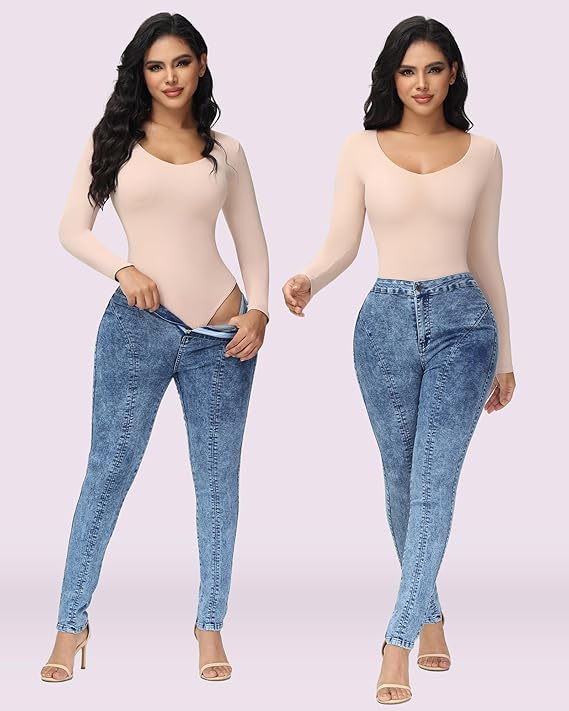 Shapshe® Bodysuits Femeninos Sin Costuras de Manga Larga con Escote en V, Control de Abdomen, Tanga, Moldeadores