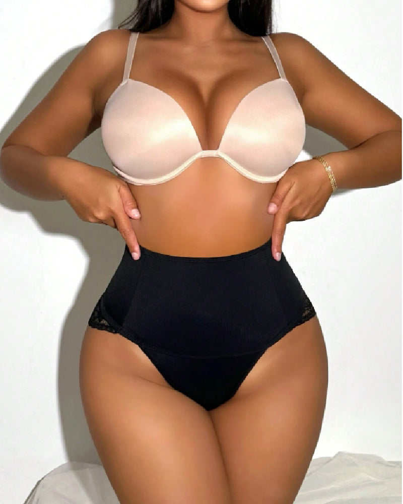 Tanga Moldeadora de Encaje Sexy, Cintura Alta, Ajuste Slim, Control de Abdomen, Color Sólido