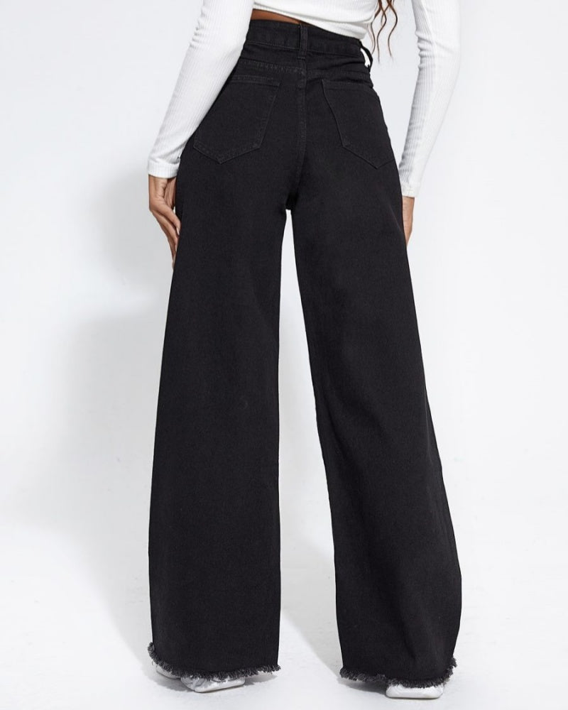 Jeans de pierna ancha, cintura alta, parche, borde sin terminar, pantalones sueltos