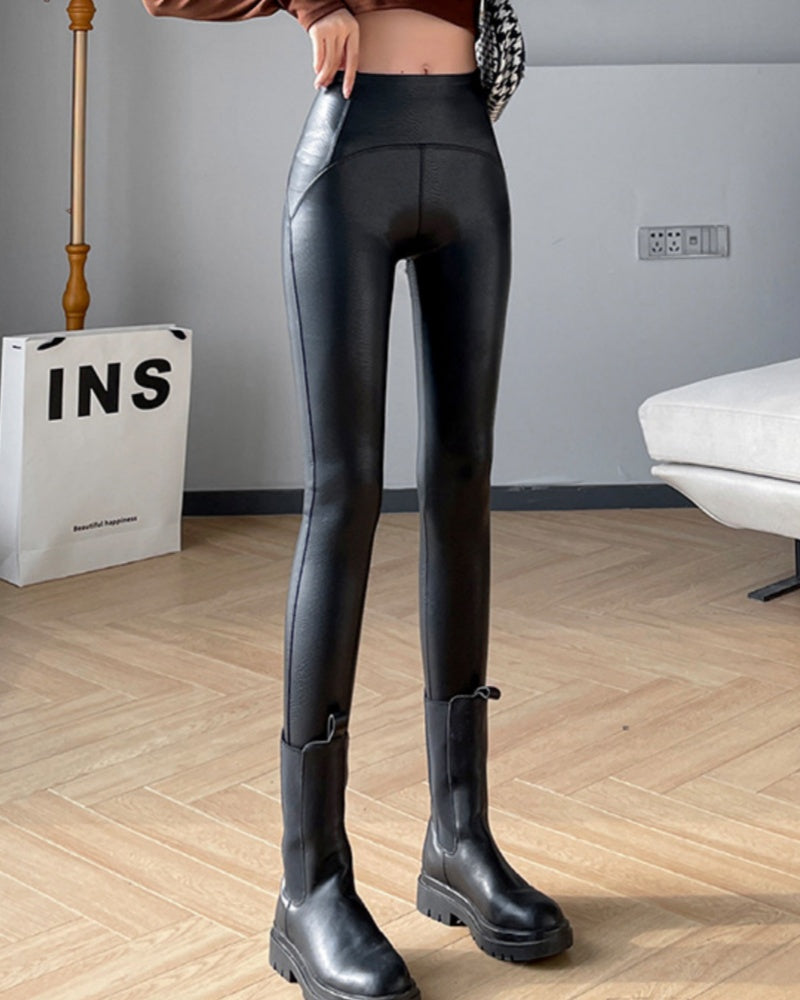 Leggings Ajustados de Cuero Elástico con Estampado de Cocodrilo Sintético Plush