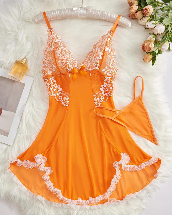 Conjunto de Lencería con Vestido de Dormir de Encaje y Lazo, Tanga, Tirantes Finos y Escote en V