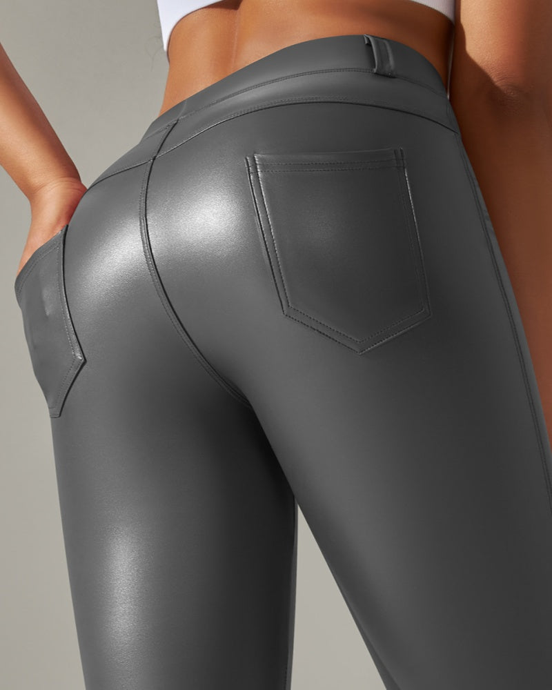 Pantalones de cuero PU de cintura alta ajustados para deportes y yoga slim