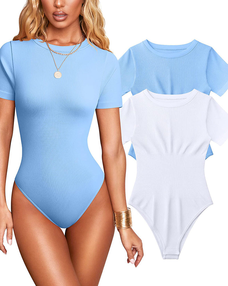 Mujer Sexy Body de Tirantes Cortos con Cuello Redondo, Control de Abdomen y Diseño de Tanga de Punto Acanalado