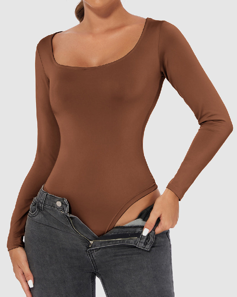 Body de Mujer Sin Costuras con Cuello Cuadrado, Manga Larga, Moldeador con Fondo Tanga para Usar como Camiseta