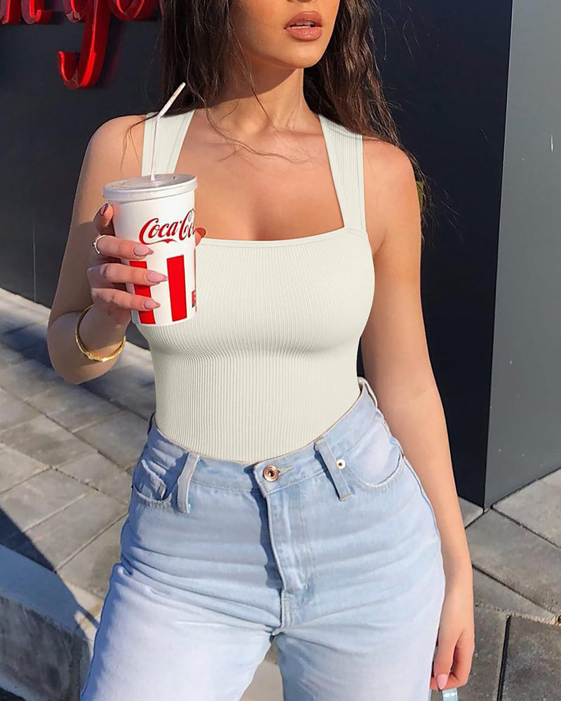 Shapshe® Body sin Mangas de Punto Acanalado Sin Costuras con Cuello Cuadrado y Control de Abdomen