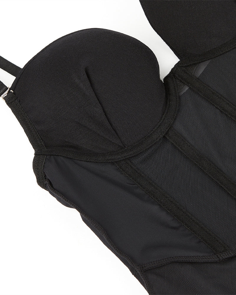 Body de mujer con corset de malla transparente, control de abdomen, tanga y espalda descubierta